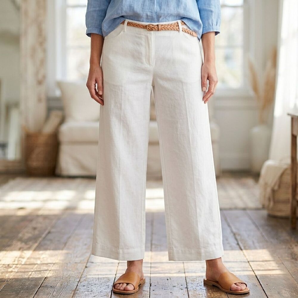 Eileen Fisher Italian Linen Wide Leg Pants Medium White Ankle Crop Coastal Boho